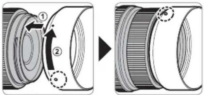 Diagram illustrating camera lens assembly process with numbered components and directional arrows