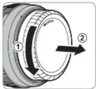 Diagram of a camera lens with labeled parts and directional arrow indicating rotation