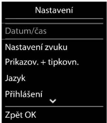 Nastavení Datum/čas Nastavení zvuku Prikazov. + tipkovn. Jazyk Přihlášení Zpět OK