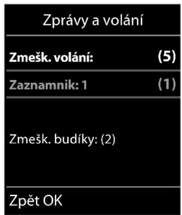 Zprávy a volání Zmešk. volání: (5) Zaznamnik: 1 (1) Zmešk. budíky: (2) Zpět OK