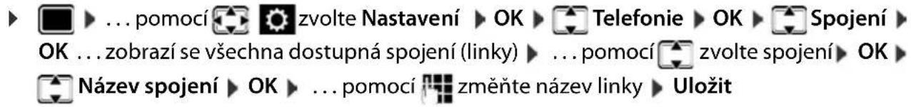 ► ... pomocí 🎨 zvolte Nastavení ► OK ► Telefonie ► OK ► Spojení ► OK ... zobrazí se všechna dostupná spojení (linky) ► ... pomocí 🎨 zvolte spojení ► OK ► Název spojení ► OK ► ... pomocí 🎨 změňte název linky ► Uložit