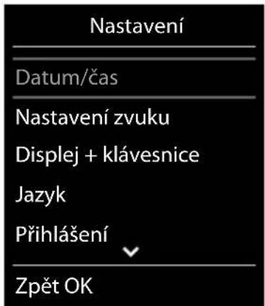 Nastavení Datum/čas Nastavení zvuku Displej + klávesnice Jazyk Přihlášení Zpět OK