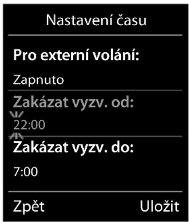 Nastavení času Pro externí volání: Zapnuto Zakázat vyzv. od: 22:00 Zakázat vyzv. do: 7:00 Zpět Uložit