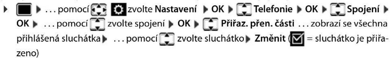 ▶ ▶ ... pomocí 📋 zvolte Nastavení ▶ OK ▶ Telefonie ▶ OK ▶ Spojení ▶ OK ▶ ... pomocí 📋 zvolte spojení ▶ OK ▶ Přiřaz. přen. části ... zobrazí se všechna přihlášená sluchátka ▶ ... pomocí 📋 zvolte sluchátko ▶ Změnit (☑ = sluchátko je přiřa-zeno)