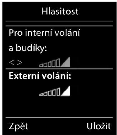 Hlasitost Pro interní volání a budíky: << Externí volání: Zpět Uložit