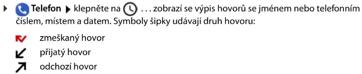 Telefon ▶ klepněte na ⓣ ... zobrazí se výpis hovorů se jménem nebo telefonním číslem, místem a datem. Symboly šipky udávají druh hovoru: ✓ zmeškaný hovor ✓ přijatý hovor ↗ odchozí hovor