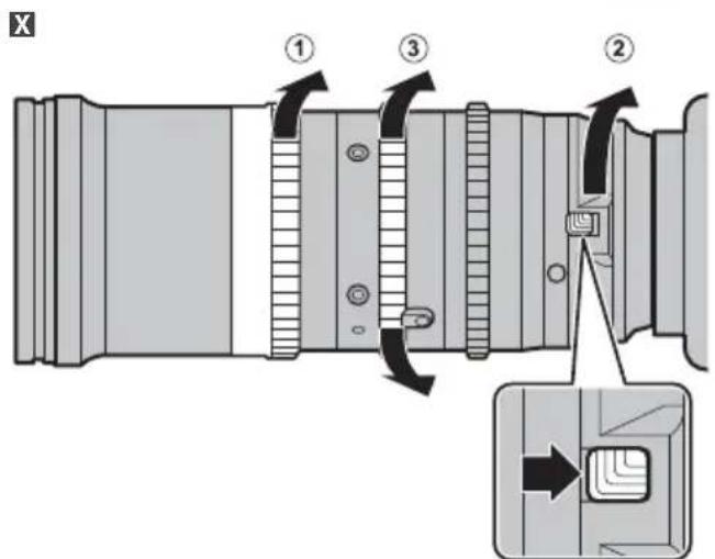 Technical diagram of a camera lens assembly with numbered parts and directional arrows indicating motion or assembly steps.