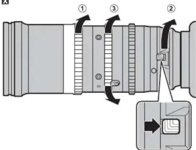 Technical diagram of a camera lens with numbered components and directional arrows indicating assembly steps
