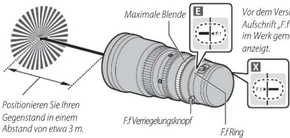 Maximale Blende Positionieren Sie Ihren Gegenstand in einem Abstand von etwa 3 m. F.f. Verriegelungsknopf F.f. Ring Vor dem Versch Aufschrift „F.f. im Werk gem anzeigt.