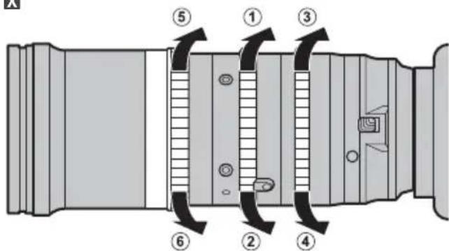 Technical diagram of a camera lens assembly with numbered parts and directional arrows indicating components