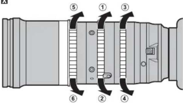 Technical diagram of a camera lens assembly with numbered parts and directional arrows indicating components