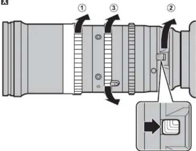 Diagram of a camera lens assembly with numbered parts and directional arrows indicating rotation or adjustment.