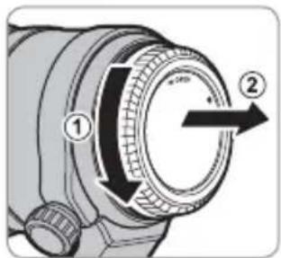 Technical diagram of a camera lens with labeled parts and directional arrow indicating rotation or movement