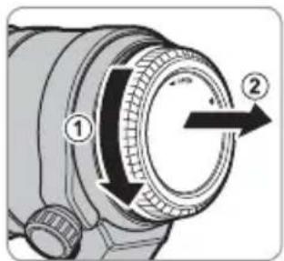 Technical diagram of a camera lens with labeled parts and directional arrow indicating rotation or movement