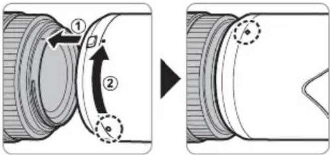 Technical diagram showing mechanical assembly steps with numbered components and directional arrows