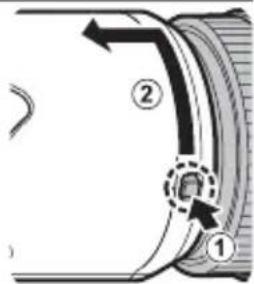 Diagram showing a mechanical or optical component with labeled parts ① and ②, including an arrow indicating direction.