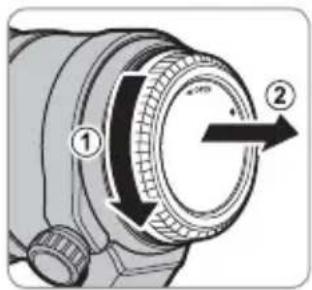 Technical diagram of a camera lens with labeled parts and directional arrow indicating rotation or movement