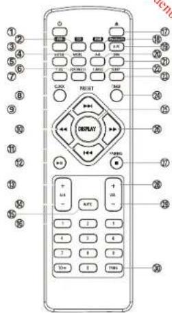Diagram of a remote control with labeled buttons and function keys, including 'DISPLAY' and 'TIBS'