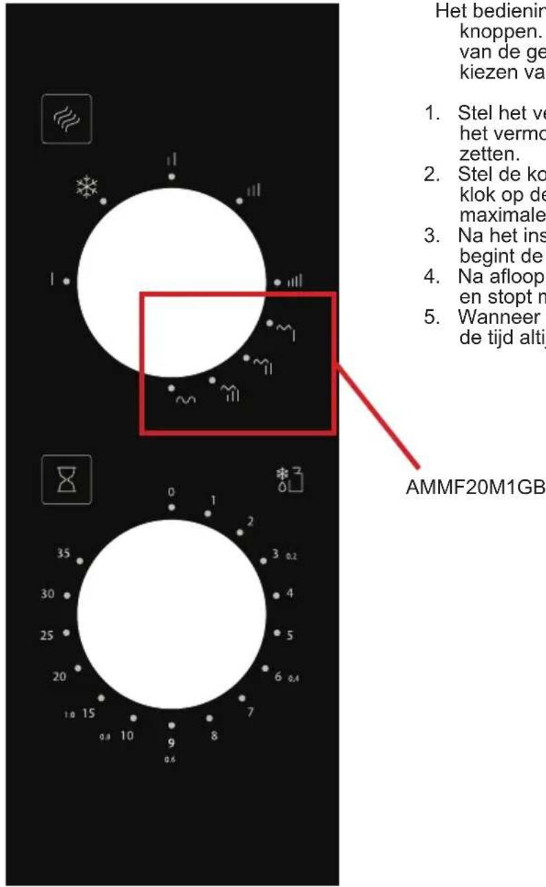 Het bediening knoppen. van de ge kiezen van 1. Stel het ve het vermo zetten. 2. Stel de ko klok op de maximale 3. Na het ins begint de 4. Na afloop en stopt m 5. Wanneer de tijd altijd AMMF20M1GB