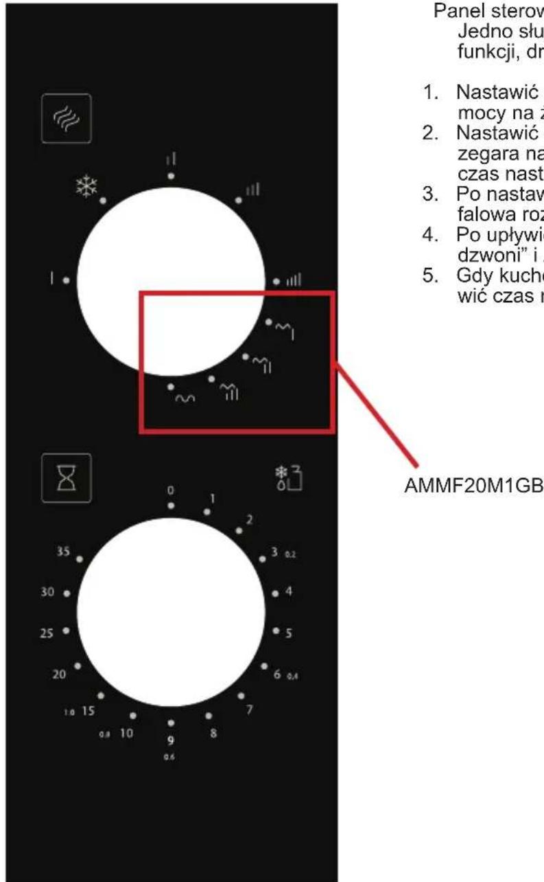 Panel sterow Jedno slu funkcji, dr 1. Nastawić mocy na ž 2. Nastawić zegara na czas nasta 3. Po nastaw falowa roz 4. Po upływie dzwoni" i ž 5. Gdy kuche wić czas r AMMF20M1GB