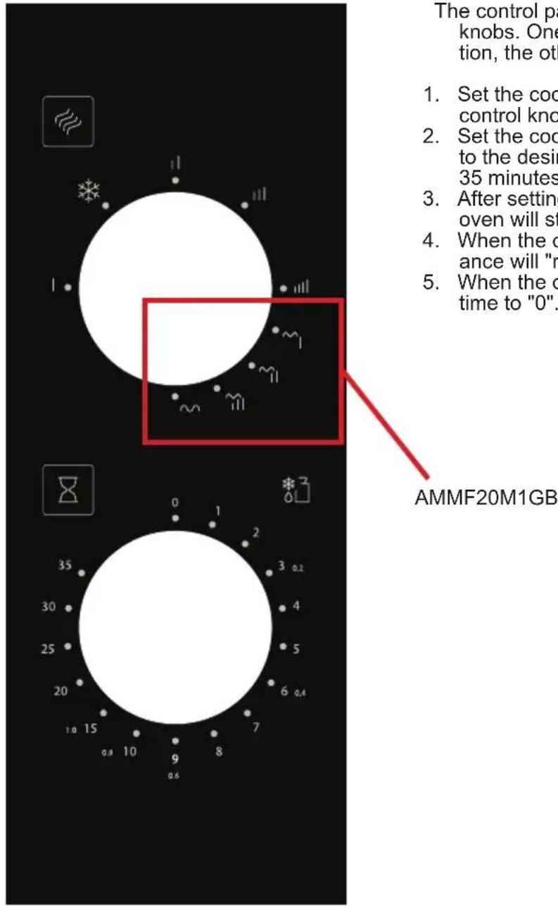 The control pa knobs. One tion, the oth 1. Set the coo control kno 2. Set the coo to the desir 35 minutes 3. After setting oven will st 4. When the c ance will "r 5. When the c time to "0". AMMF20M1GB