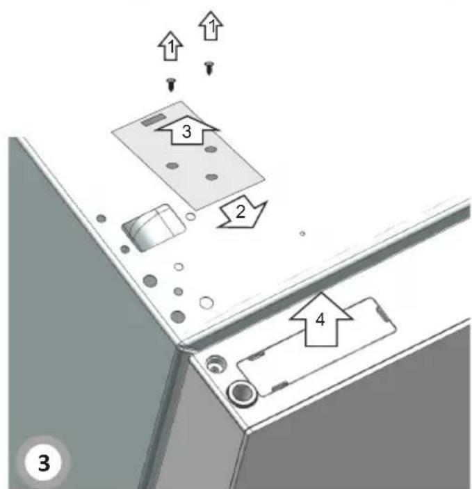 Diagram showing a refrigerator interior with labeled parts and directional arrows indicating movement or assembly.