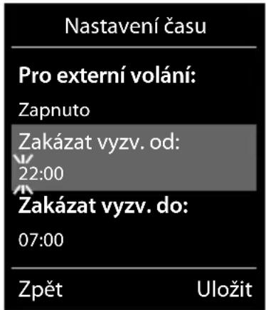 Nastavení času Pro externí volání: Zapnuto Zakázat vyzv. od: 22:00 Zakázat vyzv. do: 07:00 Zpět Uložit