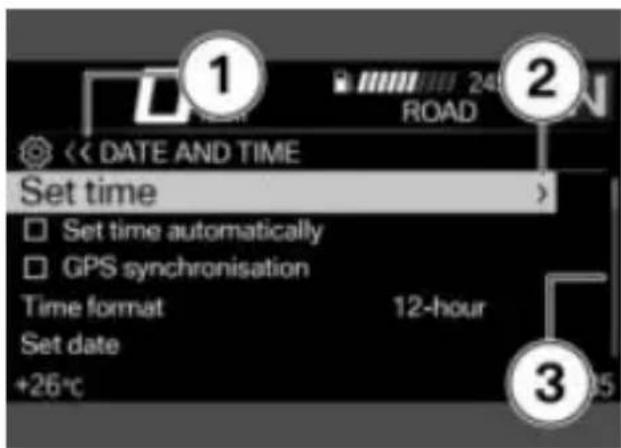 1 << DATE AND TIME Set time □ Set time automatically □ GPS synchronisation Time format 12-hour Set date +26°C 2 3