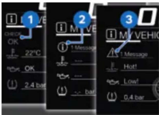 i 1 CHECK OK F 22°C OK (↓) 2.4 bar i M VE i 1 Message F (↓) -- bar i MY VEHIC ! 1 Message Hot! Low! (↓) 0.4 bar