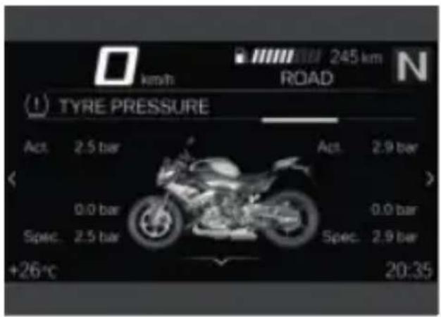 km/h 245 km ROAD N TYRE PRESSURE Act. 2.5 bar Act. 2.9 bar 0.0 bar Spec. 2.5 bar Spec. 2.9 bar +26°C 20:35