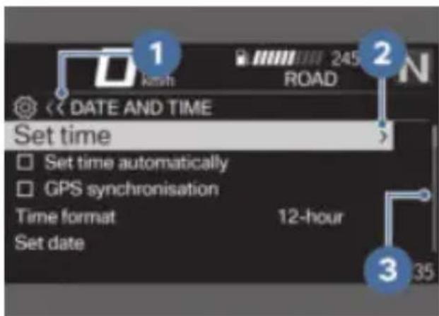 1 kosh 245 ROAD << DATE AND TIME Set time Set time automatically GPS synchronisation Time format 12-hour Set date 3 35