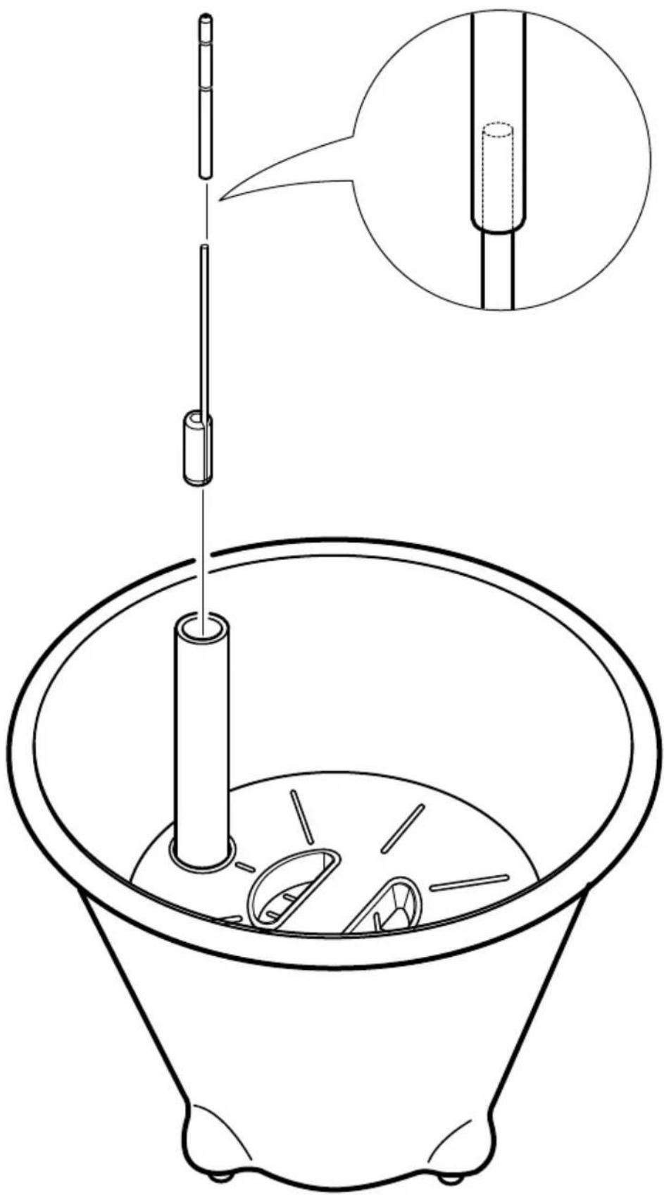 Technical diagram showing a bucket with a rod inserted into a basin, with an inset close-up of the rod's tip and a magnified view of the component.