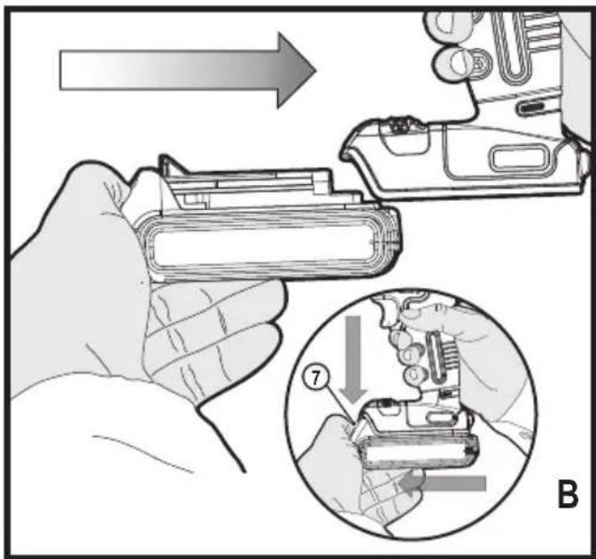 Diagram illustrating a hand holding a device with an inset showing a close-up of the component being inserted, labeled with step number 7.