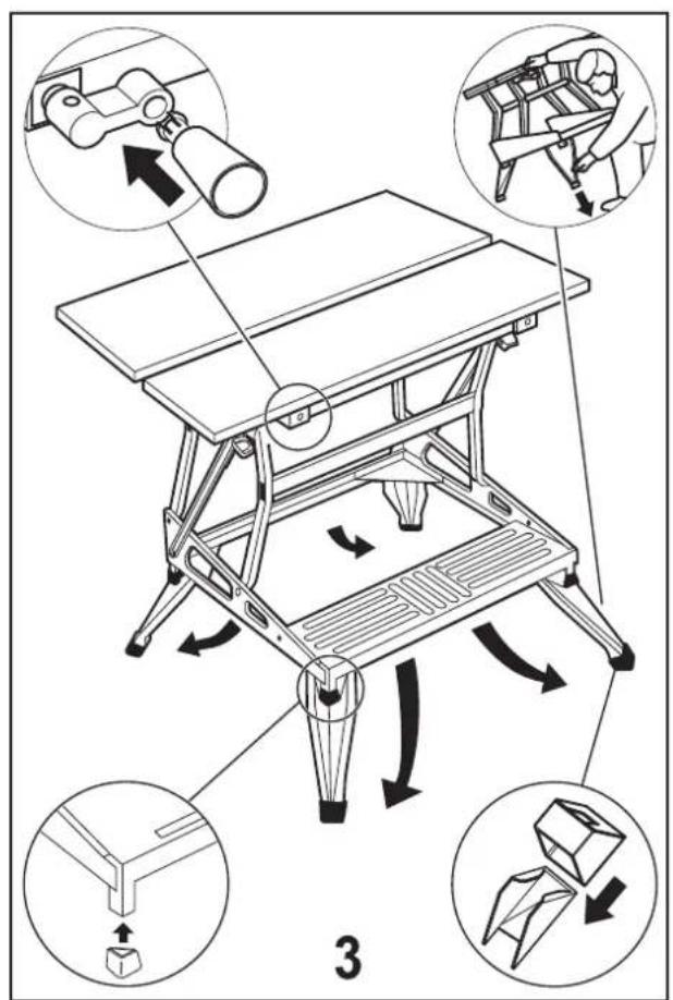 Diagram illustrating mechanical assembly steps with labeled arrows and components, including binoculars, workbench, and gear mechanism.