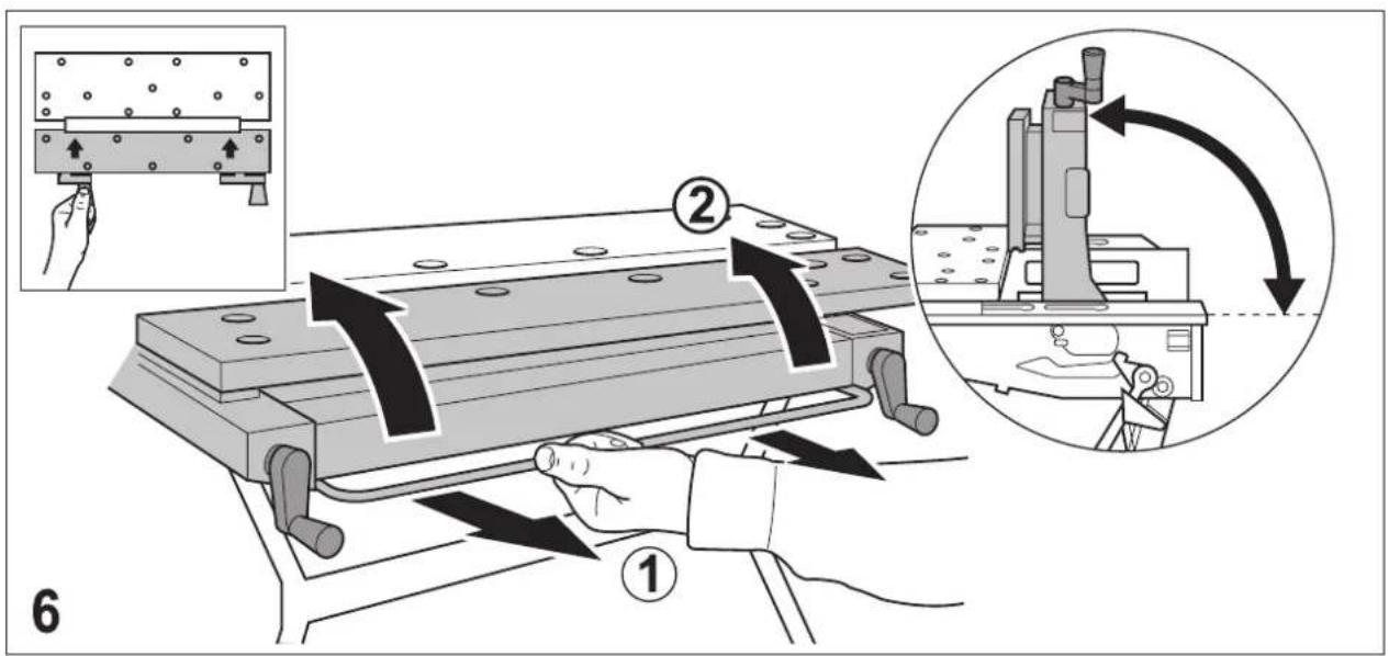 Technical diagram illustrating a mechanical assembly process with labeled steps and directional arrows indicating motion or movement.