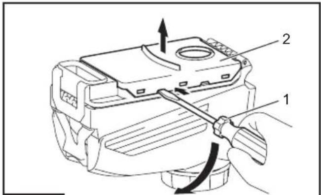 Technical diagram of a mechanical device with labeled parts and directional arrows indicating assembly or movement.
