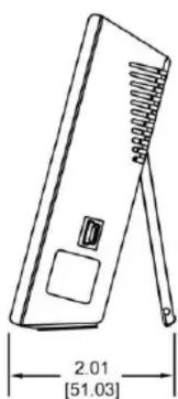 Line drawing of a handheld device with a stand and internal components, showing a dimension label (no text or symbols on the device itself)