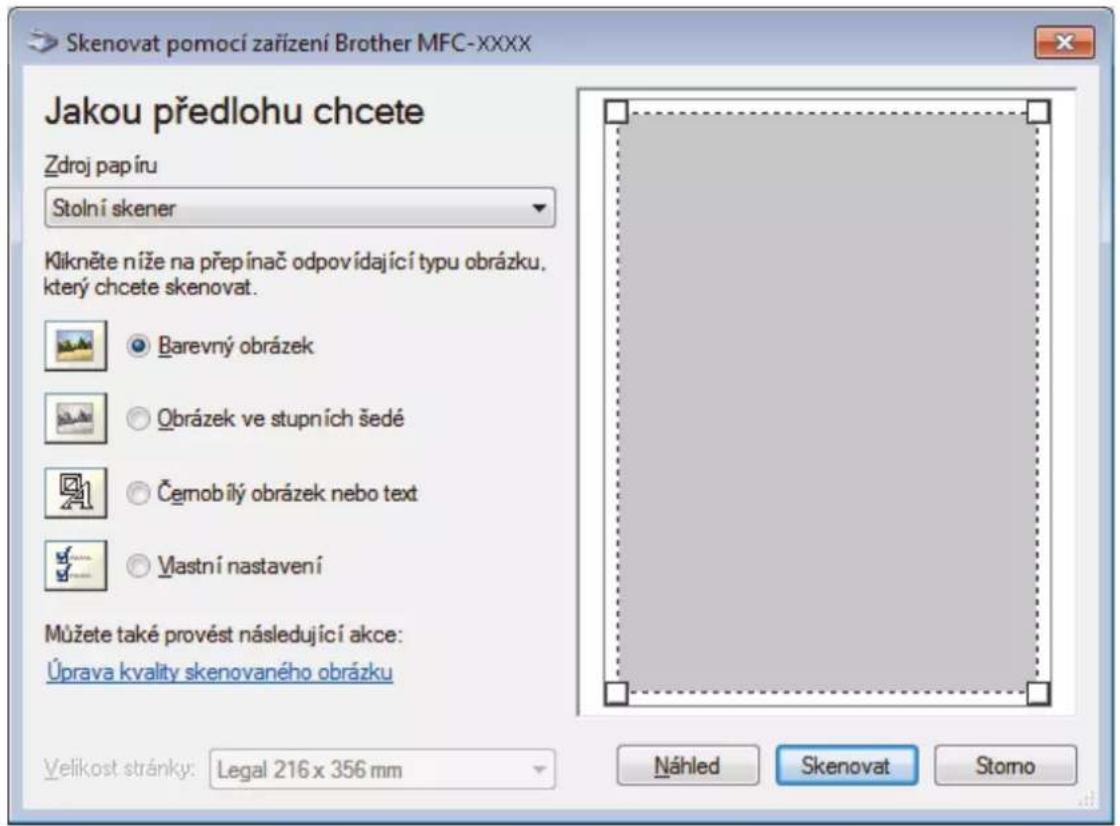 Skenovat pomocí zařízení Brother MFC-XXXX Jakou předlohu chcete Zdroj papíru Stolní skener Klikněte níže na přepínač odpovídající typu obrázku. který chcete skenovat. Barevný obrázek Obrázek ve stupních šedé Černobílý obrázek nebo text Vlastní nastavení Můžete také provést následující akce: Úprava kvality skenovaného obrázku Velikost stránky: Legal 216 x 356 mm Náhled Skenovat Stomo