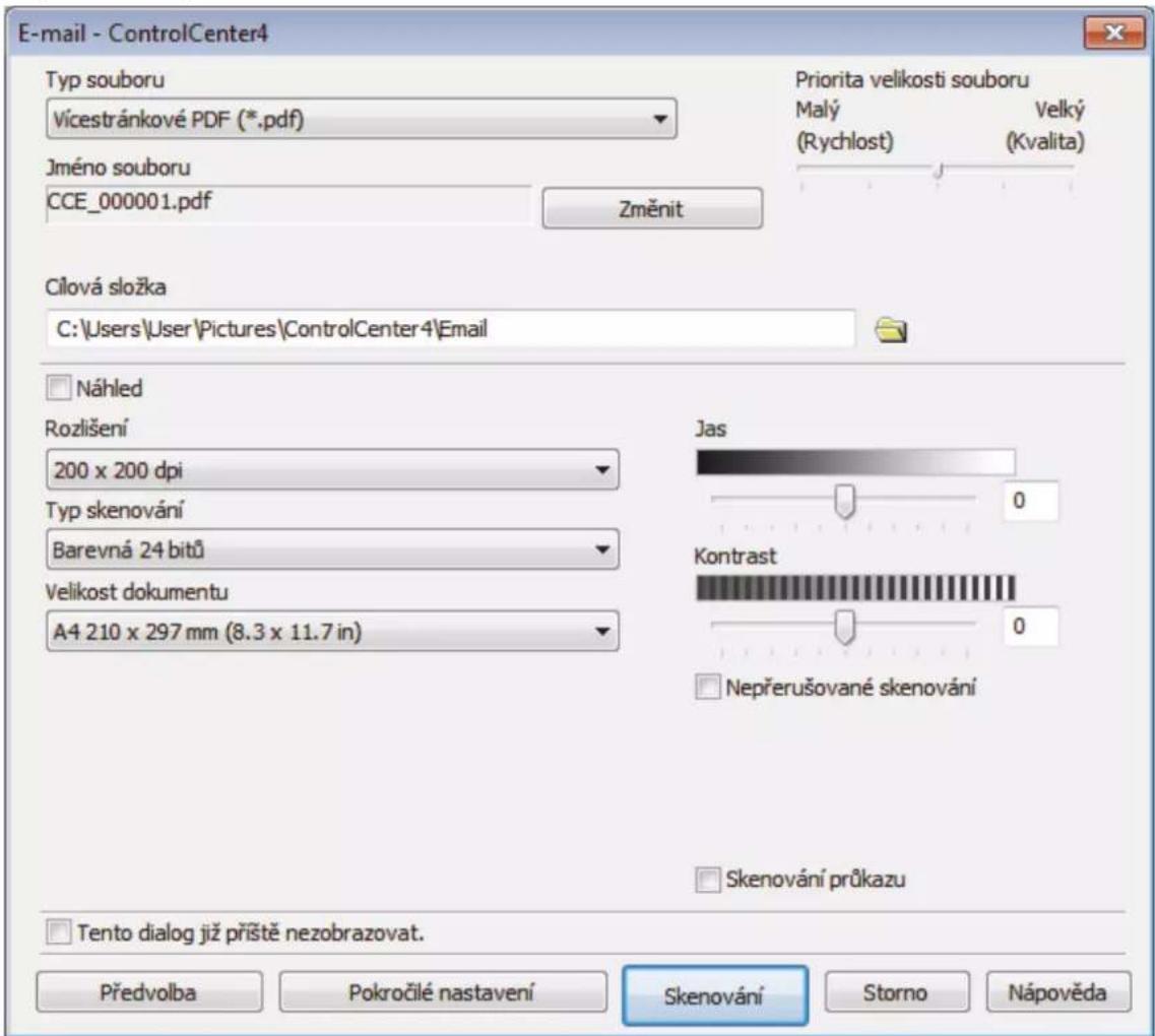 E-mail - ControlCenter4 Typ souboru Vícestránkové PDF (*.pdf) Jméno souboru CCE_000001.pdf Změnit Priorita velikosti souboru Malý (Rychlost) Velký (Kvalita) Cilová složka C:\Users\User\Pictures\ControlCenter4 Electron Náhled Rozlišení 200 x 200 dpi Typ skenování Barevná 24 bitů Velikost dokumentu A4 210 x 297 mm (8.3 x 11.7 in) Jas Kontrast Nepřerušované skenování Skenování průkazu Tento dialog již příště nezobrazovat. Předvolba Pokročilé nastavení Skenování Storno Nápověda