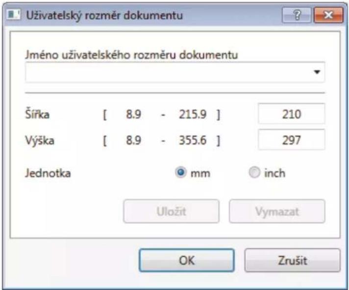 Uživatelský rozměr dokumentu Jméno uživatelského rozměru dokumentu Šířka [ 8.9 - 215.9 ] 210 Výška [ 8.9 - 355.6 ] 297 Jednotka mm inch Uložit Vymazat OK Zrušit