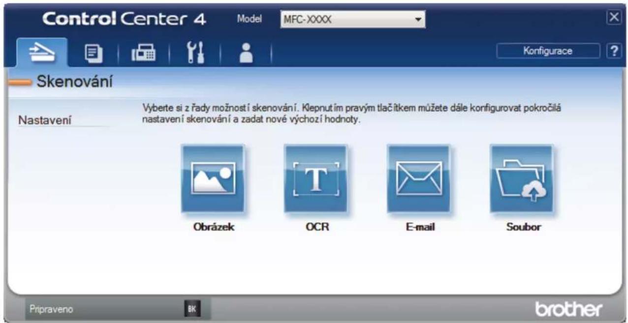 Control Center 4 Model MFC-XXXX Konfigurace ? Skenování Nastavení Vyberte si z řady možností skenování. Klepnutím pravým tlačitkem můžete dále konfigurovat pokročilá nastavení skenování a zadat nové výchozí hodnoty. Obrázek OCR E-mail Soubor Pripraveno BK brother