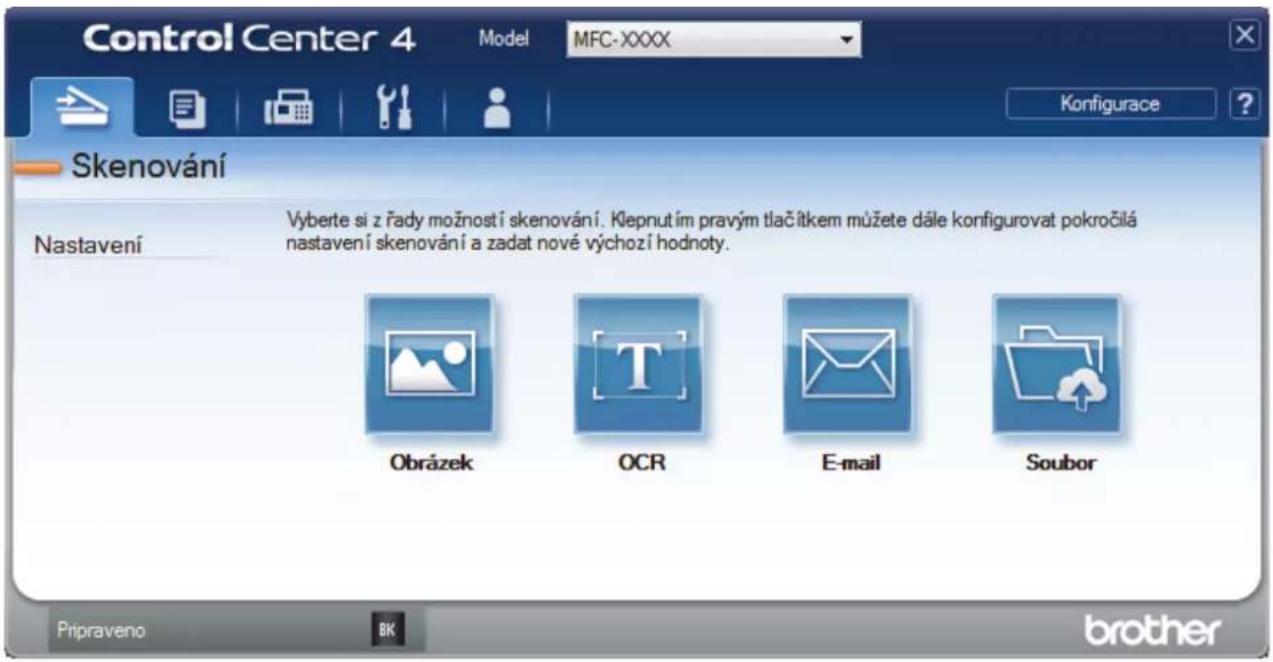 Control Center 4 Model MFC-XXXX Konfigurace ? Skenování Nastavení Vyberte si z řady možností skenování. Klepnutím pravým tlačítkem můžete dále konfigurovat pokročilá nastavení skenování a zadat nové výchozí hodnoty. Obrázek OCR E-mail Soubor Pripraveno BK brother