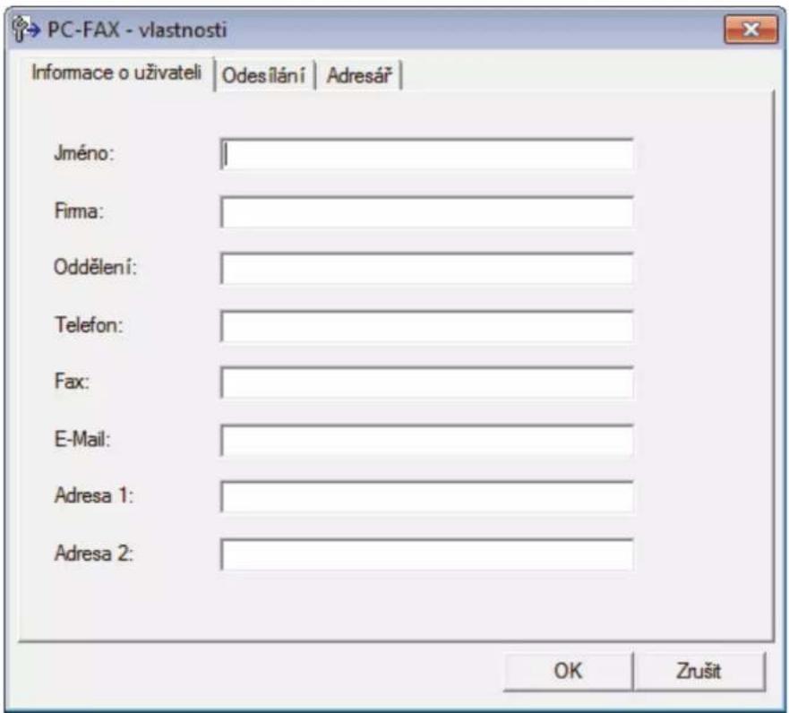 PC-FAX - vlastnosti Informace o uživateli | Odesilání | Adresář | Jméno: