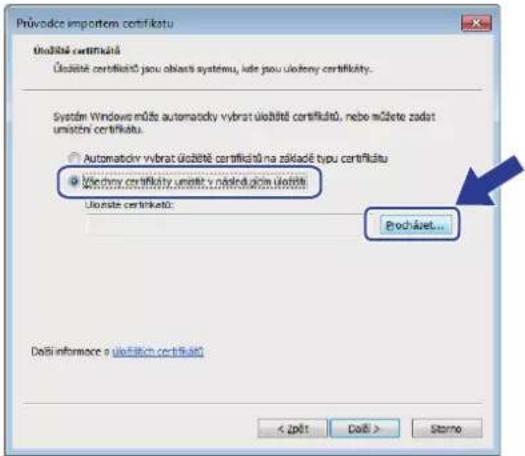 Průvodice importom certifikatu Uložitní certifikátů Úložitní certifikátů jsou oblastí systému, kde jsou uložitný certifikátý. Systém Windows může automatcky vybrat uložitně certifikátů, nebo můžete zadat umišční certifikátu. • Automatokov vybrat úložitně certifikátů na základě typu certifikátu • Vláchony certifikátý umišční v násladučím uložitně Uložite certifikátů: Procháčet... Doliti informace o uložitníč certifikátů < ZPŘI Další > Szorno