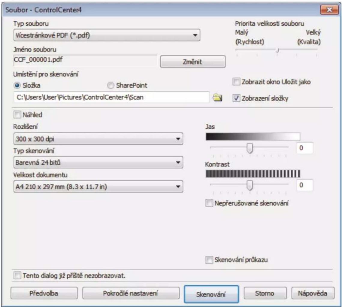 Soubor - ControlCenter4 Typ souboru Vícestránkové PDF (*.pdf) Jméno souboru CCF_000001.pdf Změnit Umištění pro skenování Složka SharePoint C:\Users\User\Pictures\ControlCenter4\Scan Priorita velikosti souboru Malý (Vrchlost) Velký (Kvalita) Zobrazit okno Uložit jako Zobrazení složky Náhled Rozlišení 300 x 300 dpi Typ skenování Barevná 24 bitů Velikost dokumentu A4 210 x 297 mm (8.3 x 11.7 in) Jas Kontrast Nepřerušované skenování Skenování průkazu Tento dialog již příště nezobrazovat. Předvolba Pokročilé nastavení Skenování Storno Nápověda