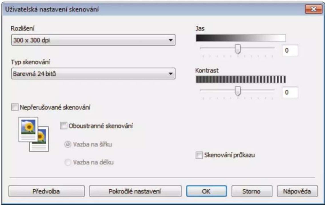 Uživatelská nastavení skenování Rozlišení 300 x 300 dpi Typ skenování Barevná 24 bitů Jas 0 Kontrast 0 Nepřerušované skenování Oboustranné skenování Vazba na šířku Vazba na délku Skenování průkazu Předvolba Pokročilé nastavení OK Storno Nápověda