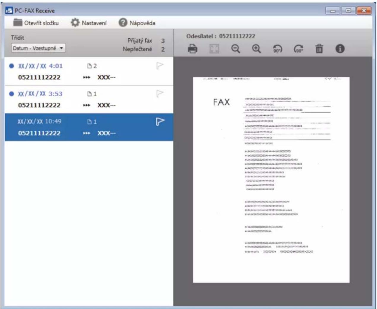 PC-FAX Receive Otevřit složku Nastavení Nápověda Třidit Přijatý fax 3 Datum - Vzestupné Nepřečtené 2 Odesílatel: 05211112222 FAX XX/XX/XX 4:01 05211112222 XX/XX/XX 3:53 05211112222 XX/XX/XX 10:49 05211112222 XXXX... 1 1 XXX...
