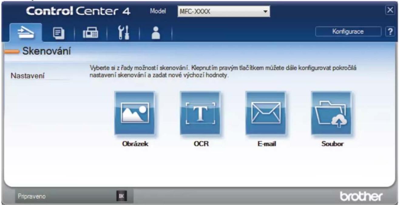 Control Center 4 Model MFC-XXXX Konfigurace ? Skenování Nastavení Vyberte si z řady možností skenování. Klepnutím pravým tlačítkem můžete dále konfigurovat pokročilá nastavení skenování a zadat nové výchozí hodnoty. Obrázek OCR E-mail Soubor Pnpraveno BK brother