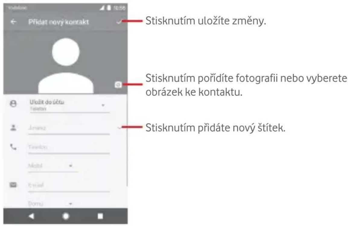 Stisknutím uložíte změny. Stisknutím pořídíte fotografii nebo vyberete obrázek ke kontaktu. Stisknutím přidáte nový štítek.