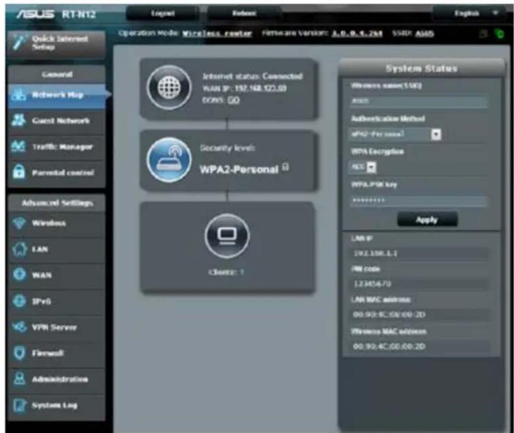 ASUS RT-N12 Logat Reboot English Quick Latented Setup Operation Mode: Wireless, router Hardware Version: 3.0.0.4.2M SAMD: ASUS Internet status: Connected WAN IP: 192.168.523.09 DOWS: GO Security levels: WPA2-Personal Clients: System Status Wireless name(USB) DNS Authentication Method WPA2-For Senal WPA Recognition NCS WPA-PSR key Apply LAN IP 192.168.5.1 HNI code 1.245470 LAN MAC address 00.90.9C.00.00.2D Wireless MAC address 00.90.4C.00.00.2D